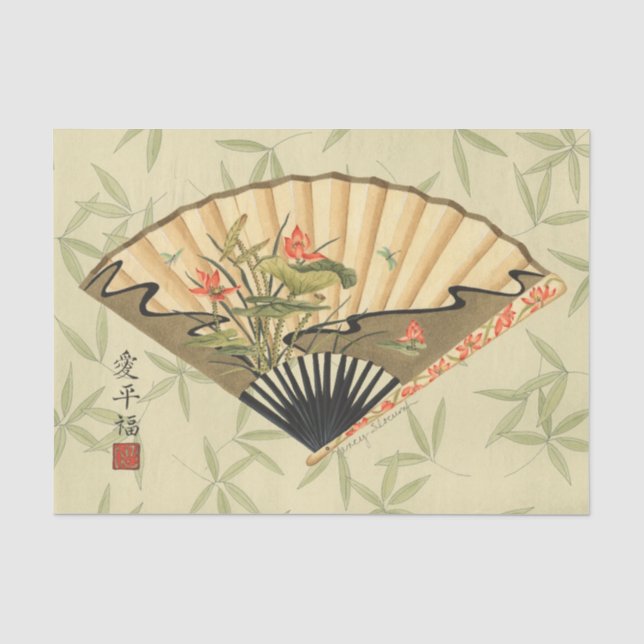 Geisha-Fan mit Blätter und Blumendruck Seidenpapier (Vorderseite)