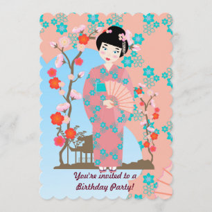 Geisha fille et fleurs invitation fête d'anniversa