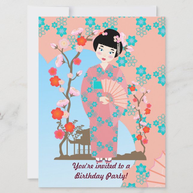 Geisha fille et fleurs invitation fête d'anniversa (Devant)