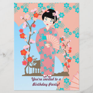 Geisha fille et fleurs invitation fête d'anniversa