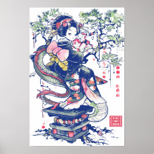 Geisha Girl mit Dragon und Katzen 37004 Poster
