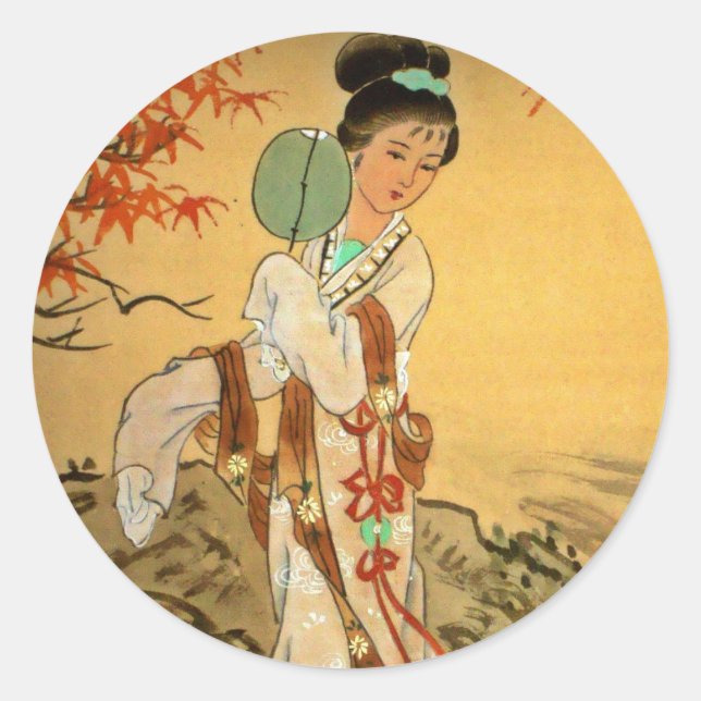 Geisha Girl mit Fan Runder Aufkleber (Vorderseite)
