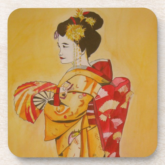 Geisha gold kimono originale Aquarellkunst Getränkeuntersetzer (Vorderseite)