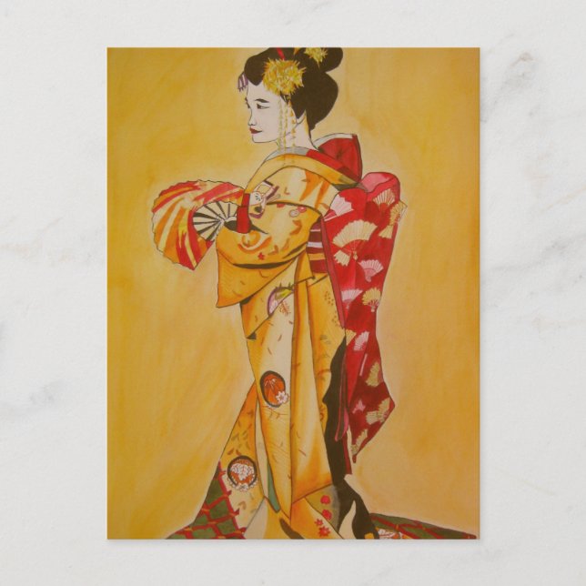 Geisha gold kimono originale Aquarellkunst Postkarte (Vorderseite)