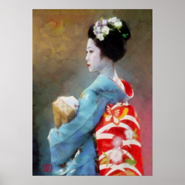 Geisha in blauer Kimono-Kunst Poster (Vorne)