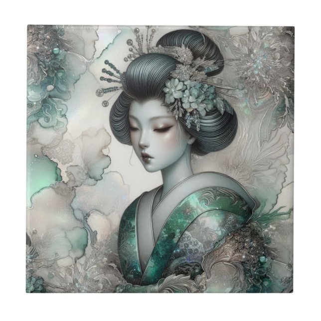 Geisha in Green Design Serie #2 Fliese (Vorderseite)