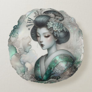 Geisha in Green Design Serie #2 Rundes Kissen