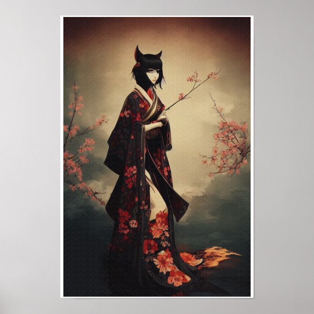 Geisha in Kimono III - Kitsune Poster (Vorne)