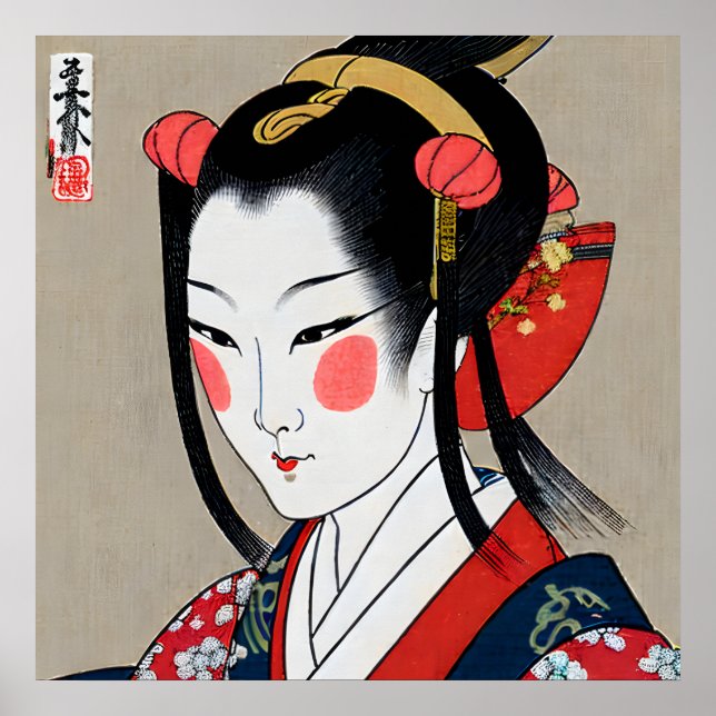 Geisha in Red Blue Kimono | Ukyio-e japanische Kun Poster (Vorne)