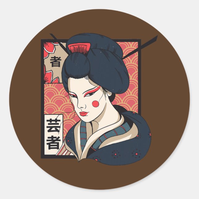 Geisha Japanisch Kawaii Girl in Kimono Geisha Girl Runder Aufkleber (Vorderseite)