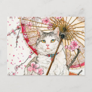 Geisha Katze mit Parasol und Kirschblüten Postkarte