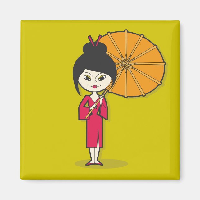 Geisha Lady Cartoon auf grünem Hintergrund Magnet (Vorne)