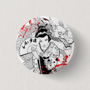 Geisha mit Drachen-Tattoo und Blutspritzer kühler Button