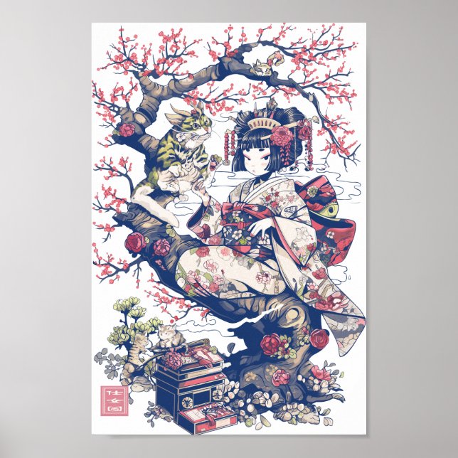 Geisha mit Dragon und Katzen 37010 Poster (Vorne)