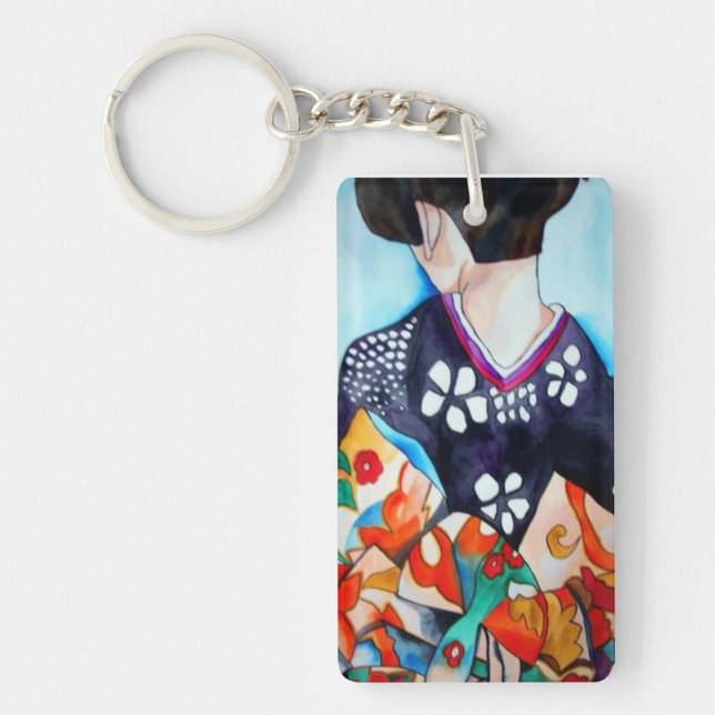 Geisha mit dunkelblau und orange Kimono Schlüsselanhänger (Vorderseite)