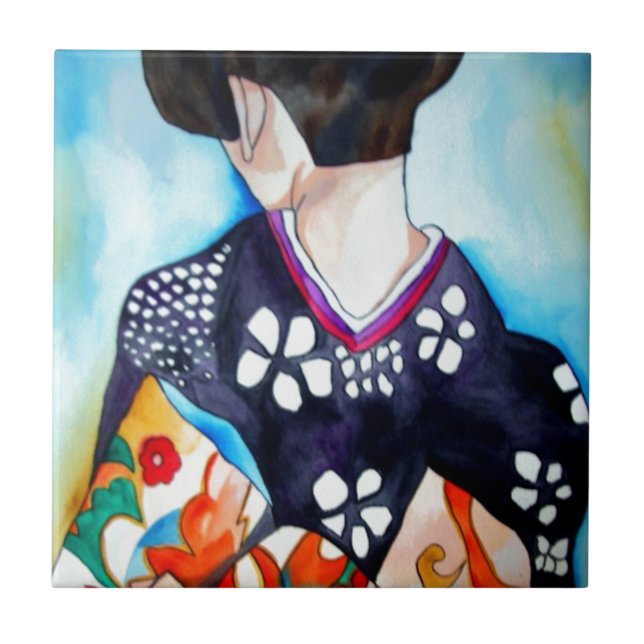 Geisha mit dunkelblauem Kimono-Originalbild Fliese (Vorderseite)