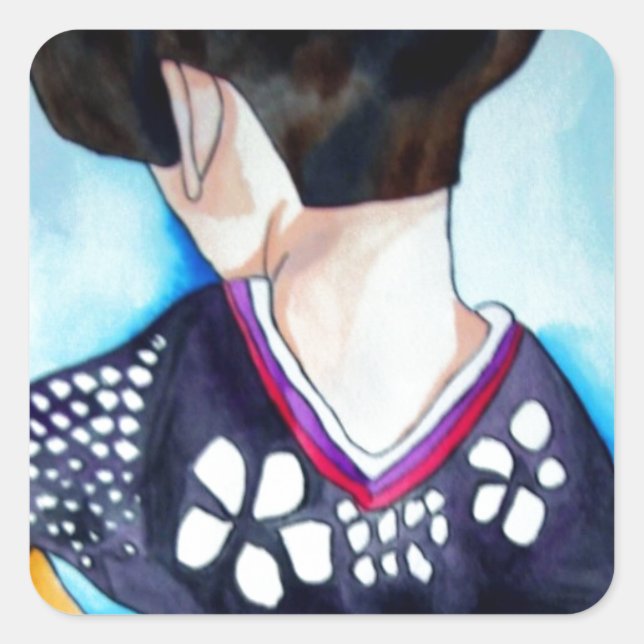Geisha mit dunkelblauem Kimono-Originalbild Quadratischer Aufkleber (Vorderseite)