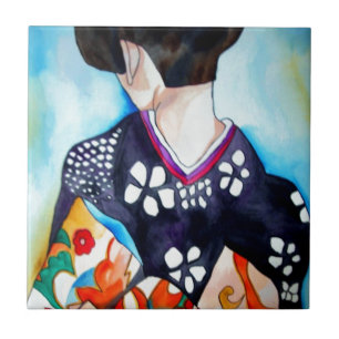 Geisha mit dunkelblauem Kimono-Originalmalerei Fliese