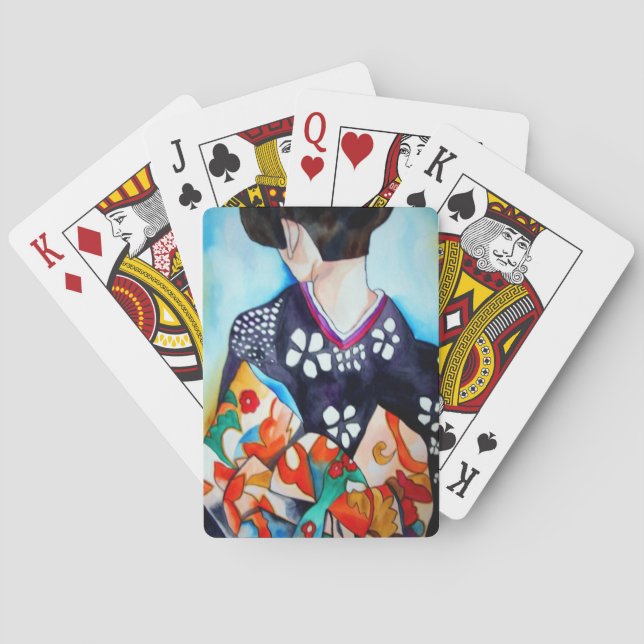 Geisha mit dunkelblauer Kimono-Originalkunst Spielkarten (Rückseite)