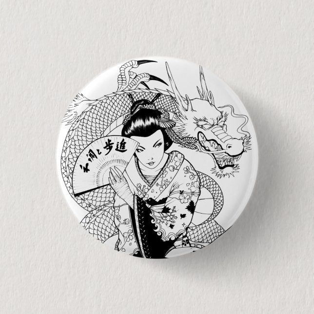Geisha mit Fan-Drachen Button (Vorderseite)