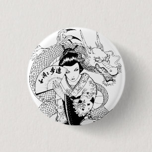 Geisha mit Fan-Drachen Button