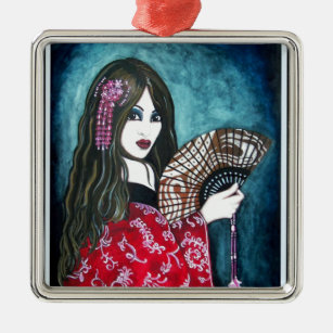 Geisha mit Fan Silbernes Ornament