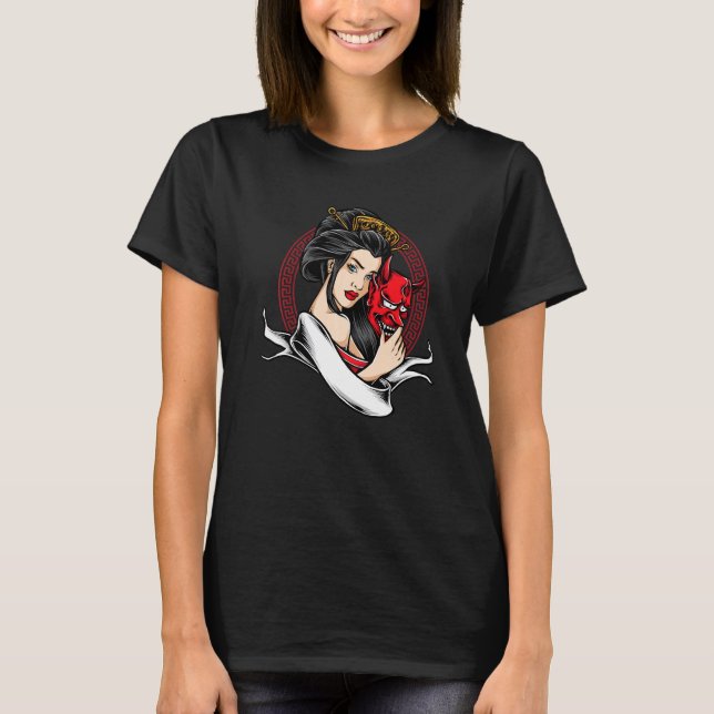Geisha mit Oni Mask Devil Demon T-Shirt (Vorderseite)