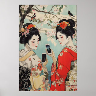 Geisha mit Smartphones Kunstprint Ukiyo-e Japanisc Poster