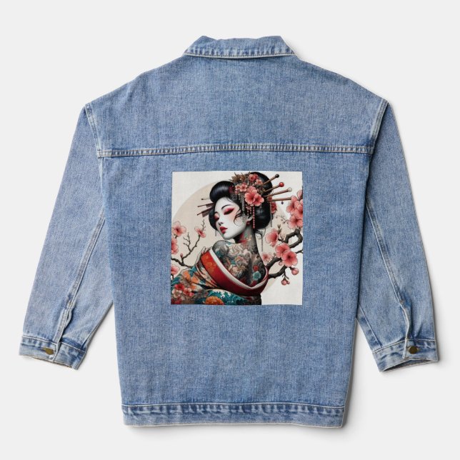 Geisha Portrait Denim Jacket | Floral Back Art (Verso)