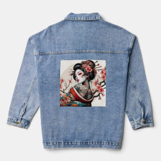Geisha-Porträt-Denim-Jacke | Florales Rückseiten-A Jeansjacke