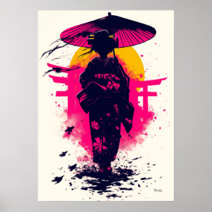 Geisha-Silhouette bei Sonnenuntergang – Traditione Poster