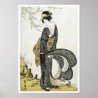 Geisha Stehend im Wind, Toyohiro, 1805 Poster
