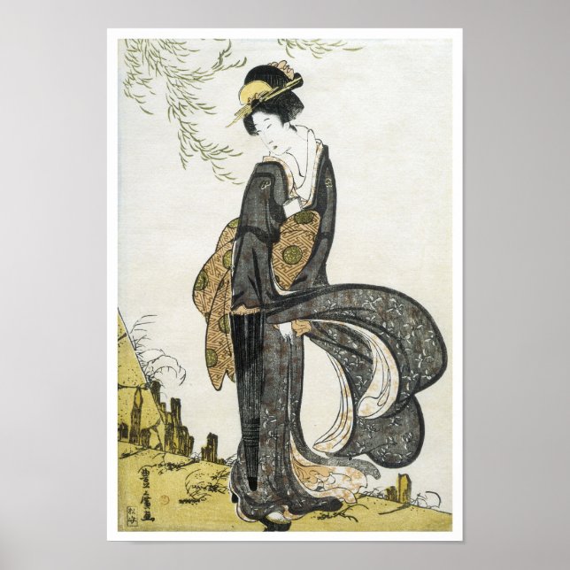 Geisha Stehend im Wind, Toyohiro, 1805 Poster (Vorne)