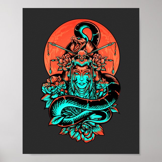 Geisha Tattoo verbrannte orange und schwarz Poster (Vorne)