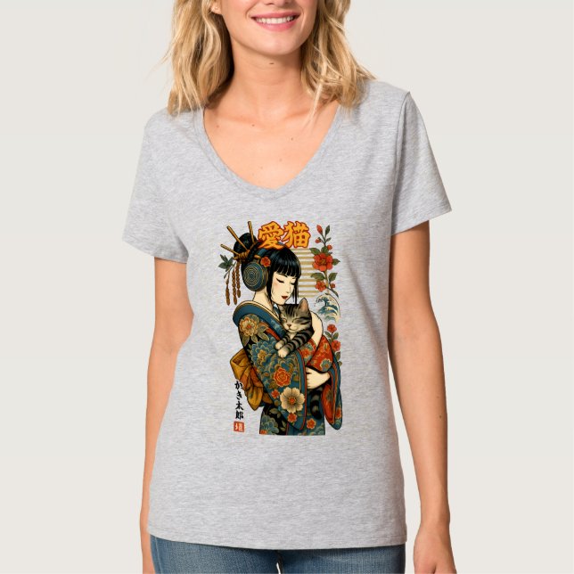 Geisha und Cat - Japanisches Blumenkohl T-Shirt (Vorderseite)
