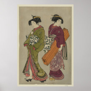 Geisha und ein Diener mit ihrer Schamisenbox Poster