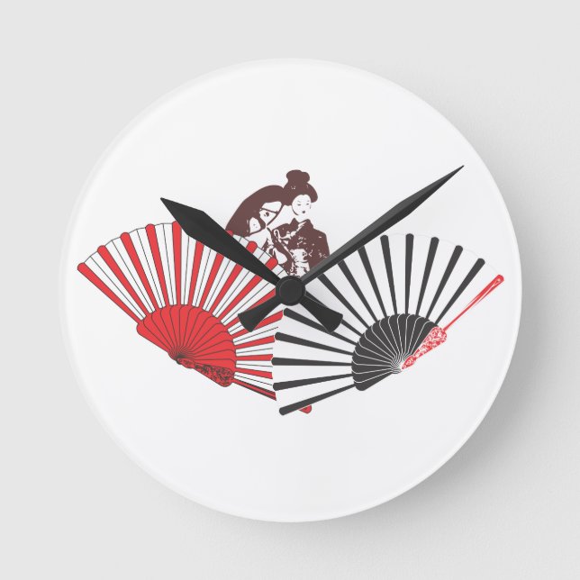 Geisha und Fans Runde Wanduhr (Vorderseite)