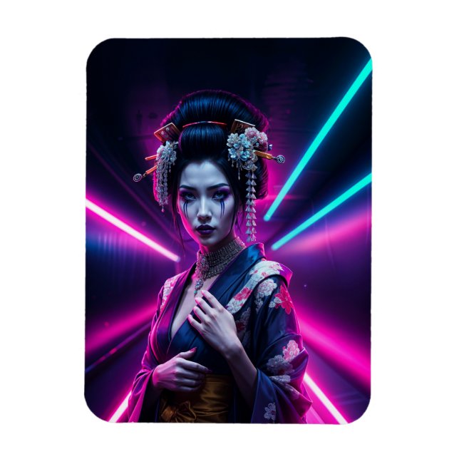 Geisha with Neon Background – Fridge Magnet Art (Vertical)