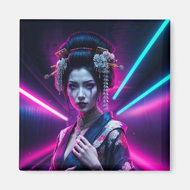 Geisha with Neon Background – Fridge Magnet Art (Devant)