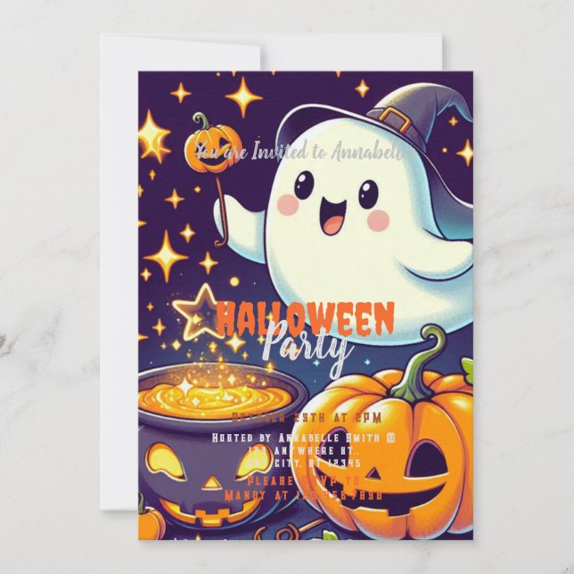 Geist, Cauldron, Pumpkin, Sterne Halloween-Party Einladung (Vorderseite)