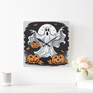 Geist, der Kürbis zu Halloween jagt Quadratische Wanduhr