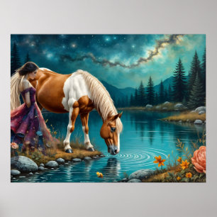 Geist einer Frau und ein Palomino-Pferd am Wasser Poster