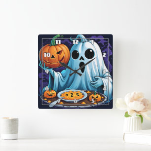 Geist feiert Halloween mit Kürbissen Quadratische Wanduhr