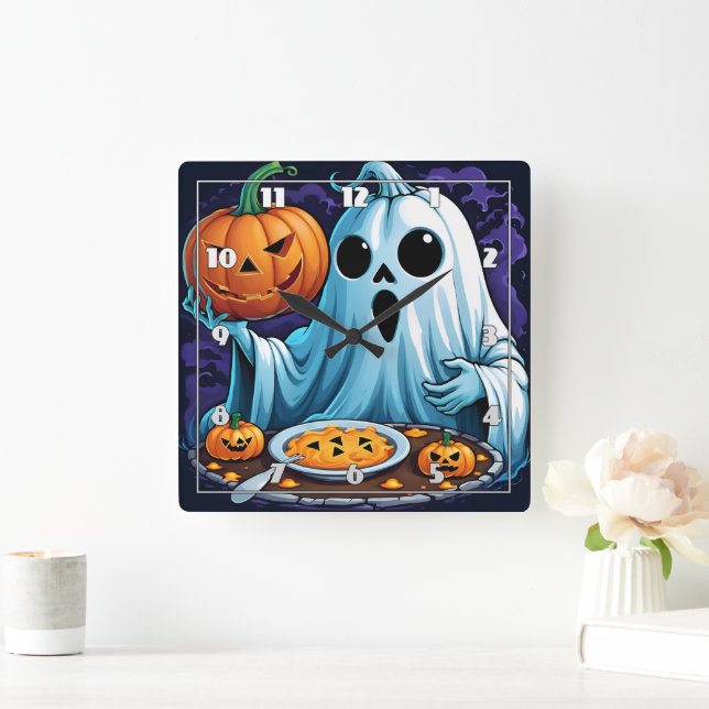 Geist feiert Halloween mit Kürbissen Quadratische Wanduhr (Zuhause)