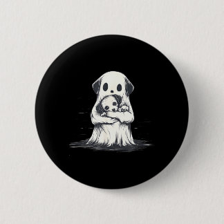 Geist hält lustiges Halloween-Kostüm mit Welpen Button