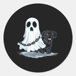 Geist hält lustiges Halloween-Kostüm mit Welpen Runder Aufkleber