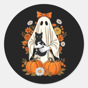 Geist hält schwarze Katzen-Kürbis-Blumen-Halloween Runder Aufkleber