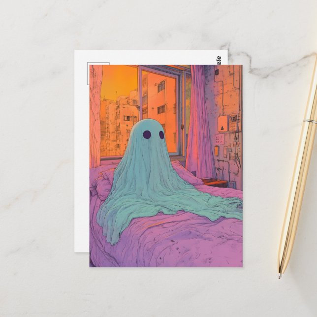 Geist im Bett Postkarte (Vorderseite/Rückseite Beispiel)