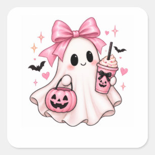 Geist im rosa Schleifen Coquette Halloween Quadratischer Aufkleber