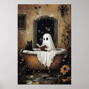 Geist lesend ein Buch und schwarze Katze nimmt ein Poster